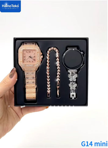 Mini Smart Watch With Stylish Analog Watch Beautifully Designed Bracelet and 3 Pair Straps Designed For Women Gold